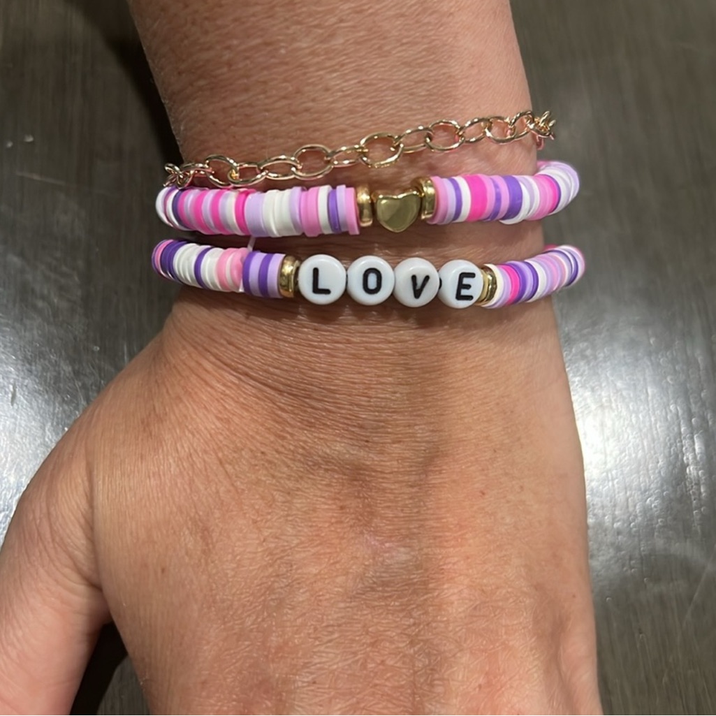 Friendship Love Beaded Bracelet Set - Pink, Purple, Gold Set Of 3